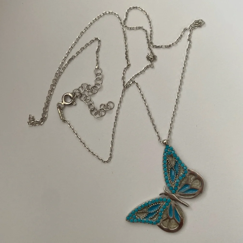 🦋925 Silver butterfly turquoise hand made enamel and stone necklace
